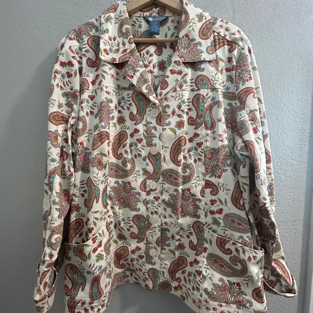 Koret Womens XL Paisley Floral Button Front Cotton Stretch Jacket White
